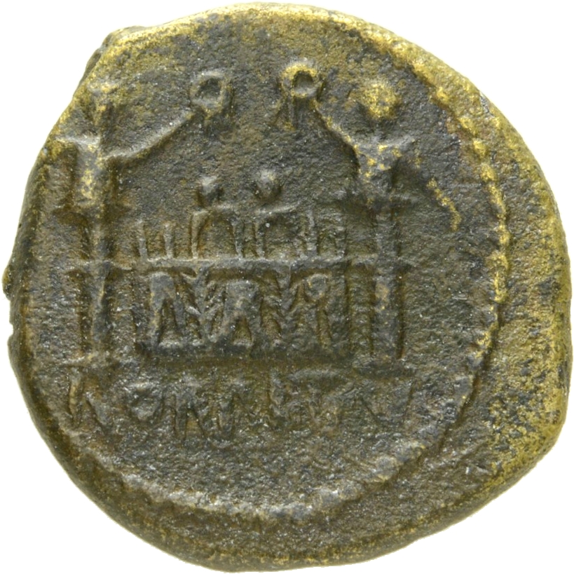 RIC I (second edition) Tiberius 32 Tiberius reverse, Altar flanked by stylized figures, decorated with laurels and corona ...