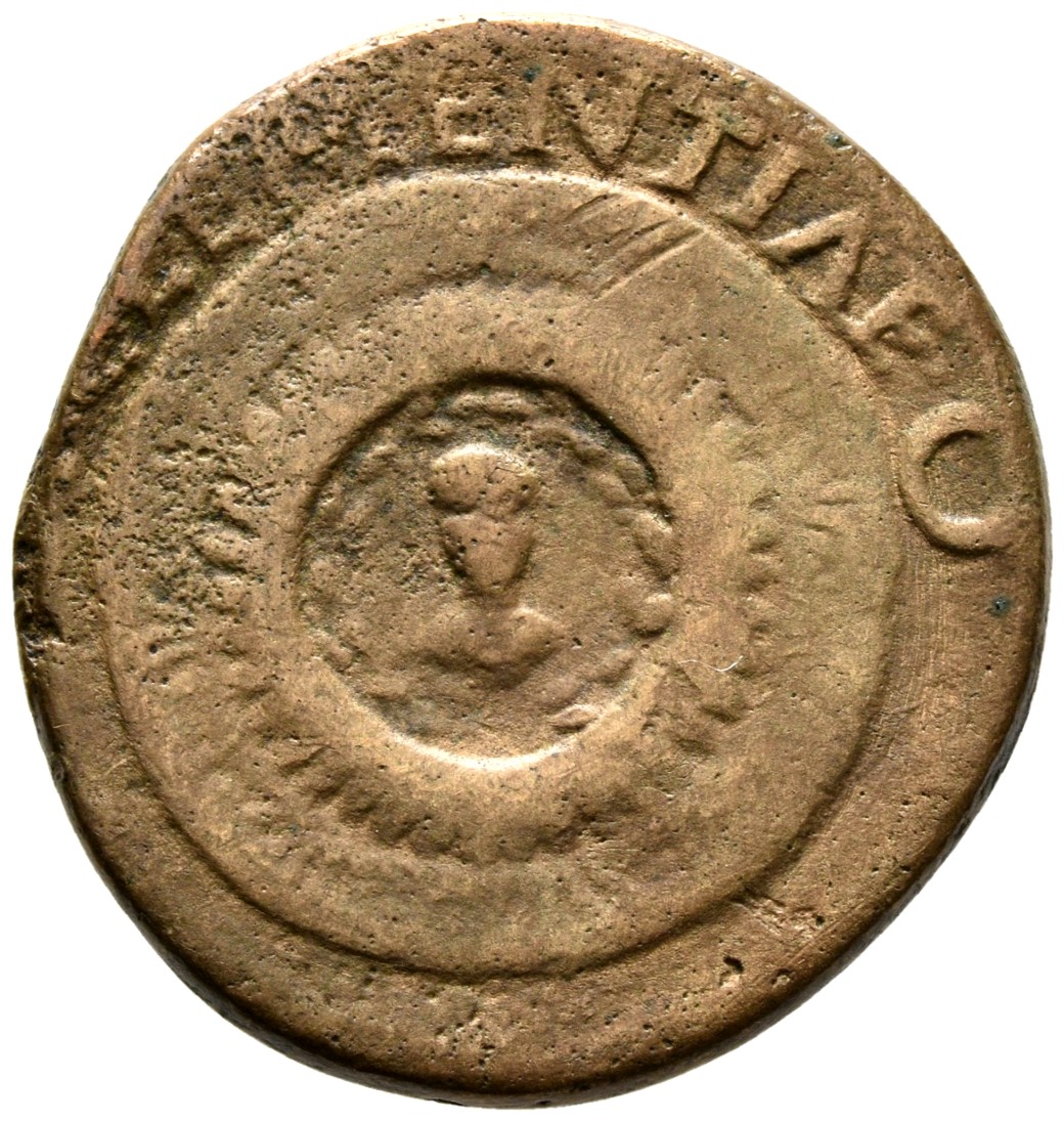 RIC I (second edition) Tiberius 38 Tiberius reverse, Small facing bust of Tiberius, laureate, draped, right, within laurel...