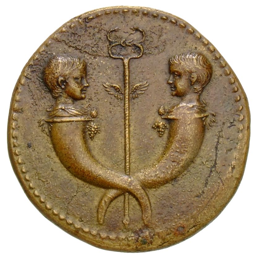 RIC I (second edition) Tiberius 42 Tiberius obverse, Confronting heads of two little boys on crossed cornucopias, with win...