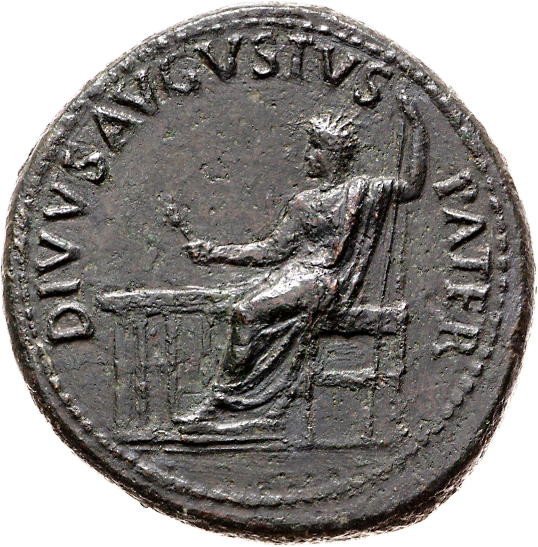 RIC I (second edition) Tiberius 49 Tiberius obverse, Augustus radiate, seated, left, feet on stool holding laurel-branch i...