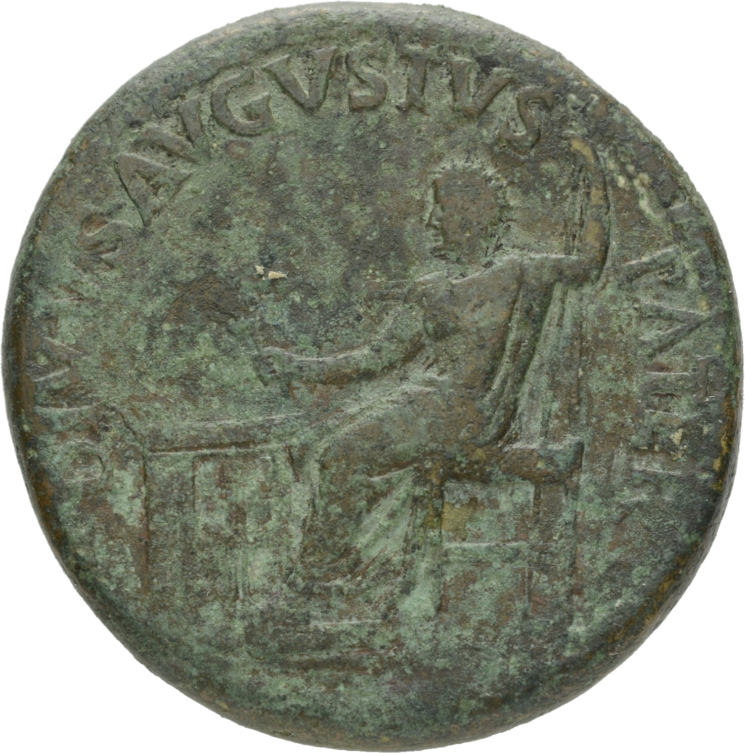 RIC I (second edition) Tiberius 49 Tiberius obverse — Augustus radiate, seated, left, feet on stool holding laurel-branch ...