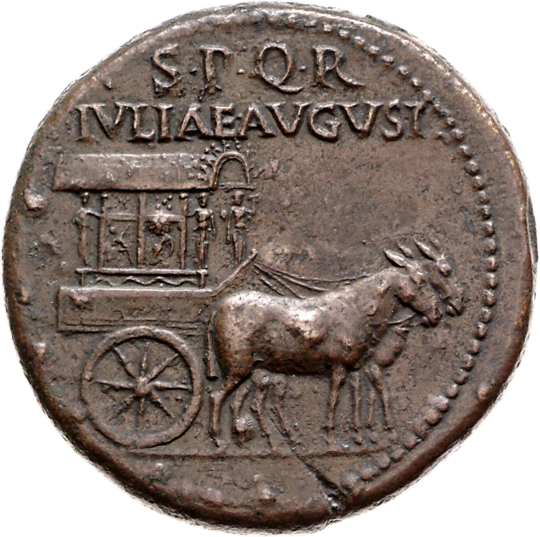 RIC I (second edition) Tiberius 50 Tiberius obverse, Carpentum, ornamented with Victories and other figures, drawn right b...