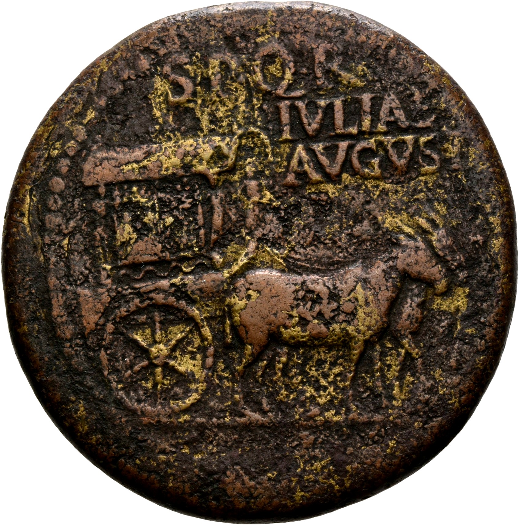 RIC I (second edition) Tiberius 51 Tiberius obverse, Carpentum, ornamented with Victories and other figures, drawn right b...