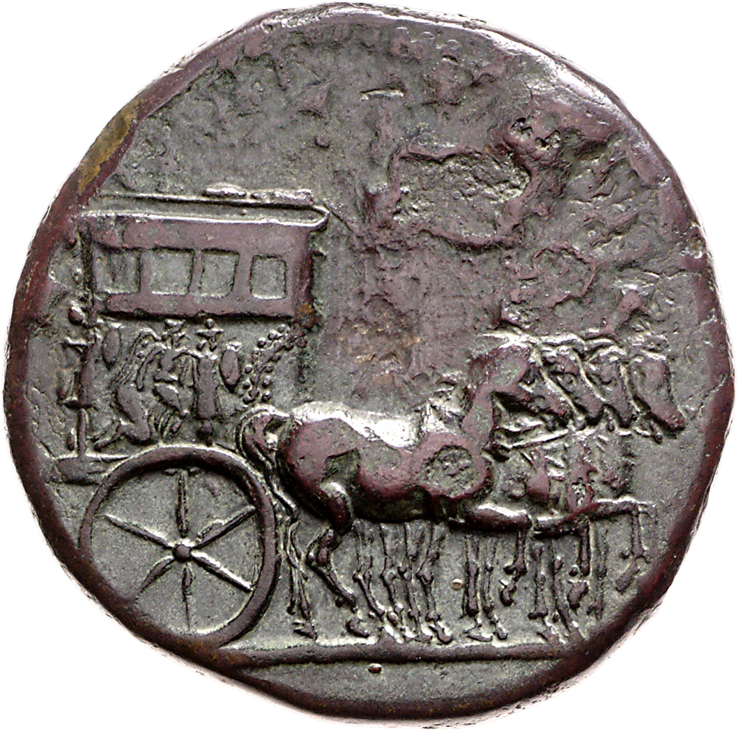 RIC I (second edition) Tiberius 60 Tiberius obverse, Quadriga right, ornamented with trophy, Victory and trophy, and captive