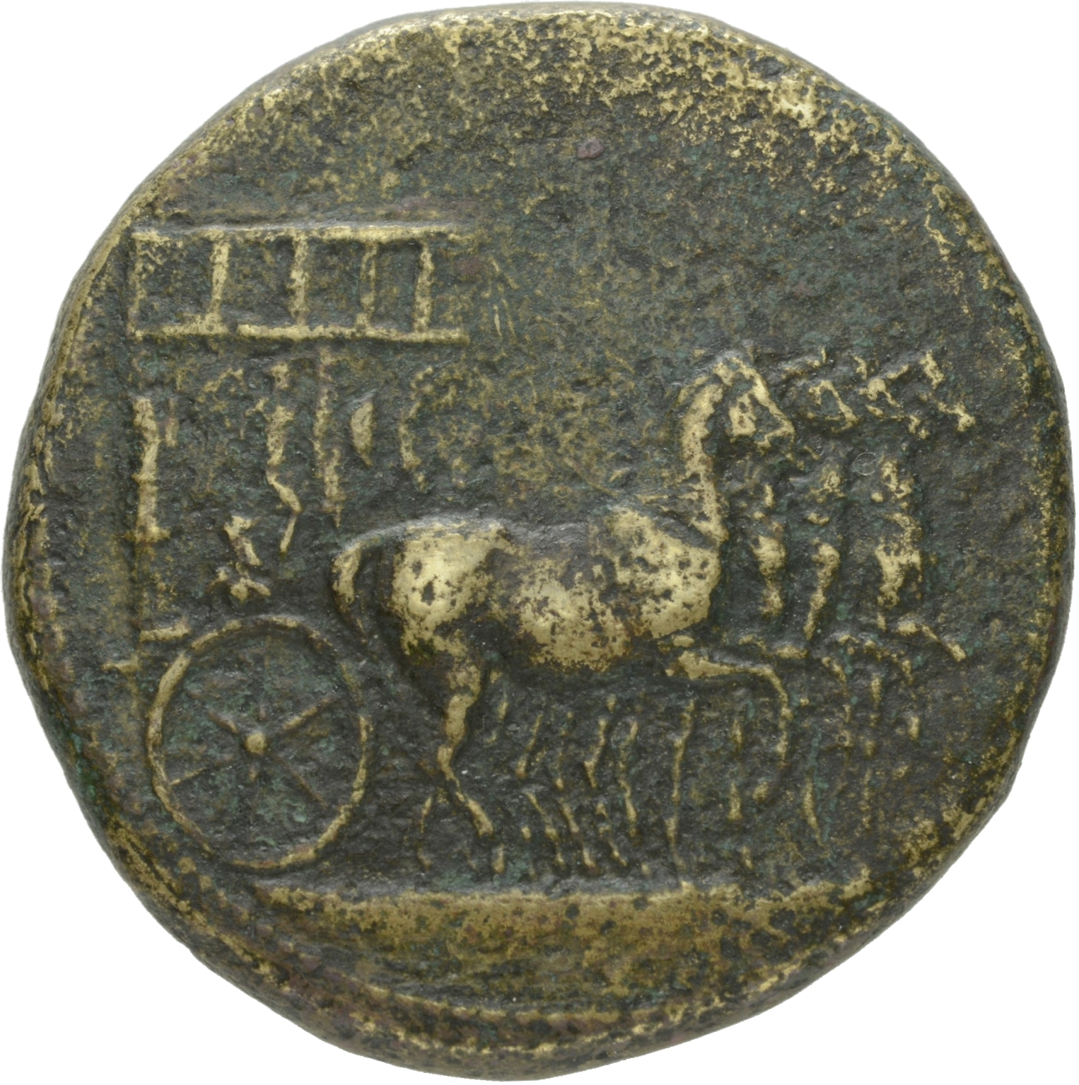 RIC I (second edition) Tiberius 60 Tiberius obverse — Quadriga right, ornamented with trophy, Victory and trophy, and captive