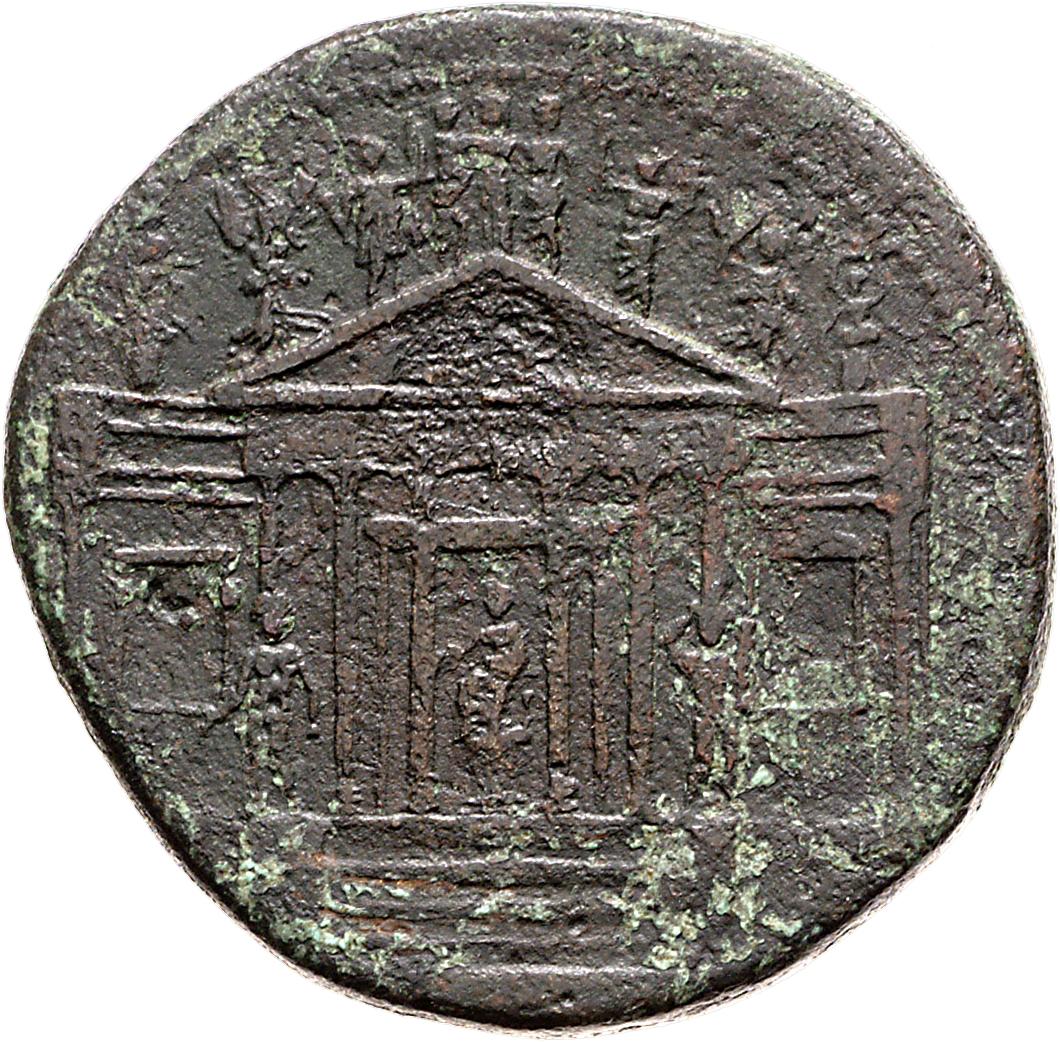 RIC I (second edition) Tiberius 61 Tiberius obverse, Hexastyle temple with flanking wings; Concordia seated inside, holdin...