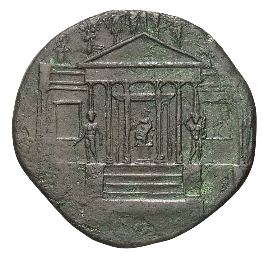 RIC I (second edition) Tiberius 61 Tiberius obverse — Hexastyle temple with flanking wings; Concordia seated inside, holdi...