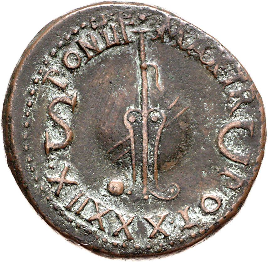 RIC I (second edition) Tiberius 64 Tiberius reverse, Rudder placed vertically across banded globe; small globe at base of ...