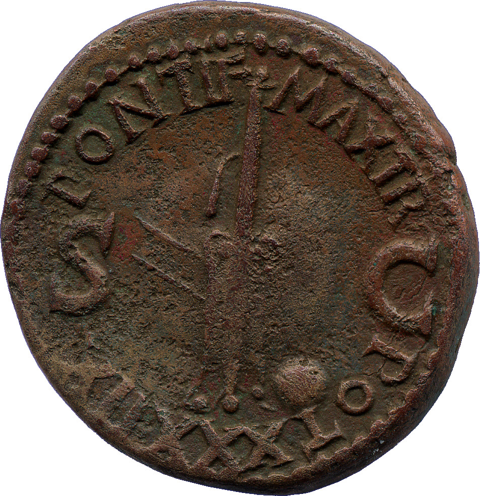 RIC I (second edition) Tiberius 64 Tiberius reverse — Rudder placed vertically across banded globe; small globe at base of...