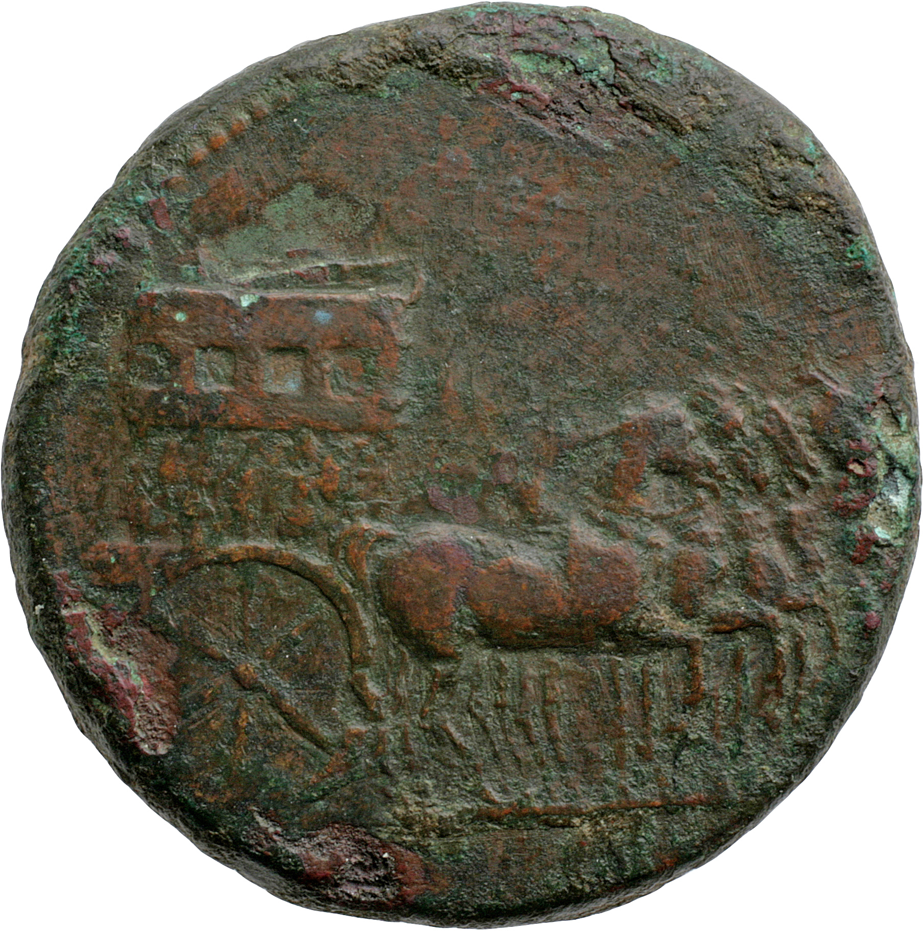 RIC I (second edition) Tiberius 66 Tiberius obverse, Quadriga right, ornamented with trophy, Victory and trophy, and captive