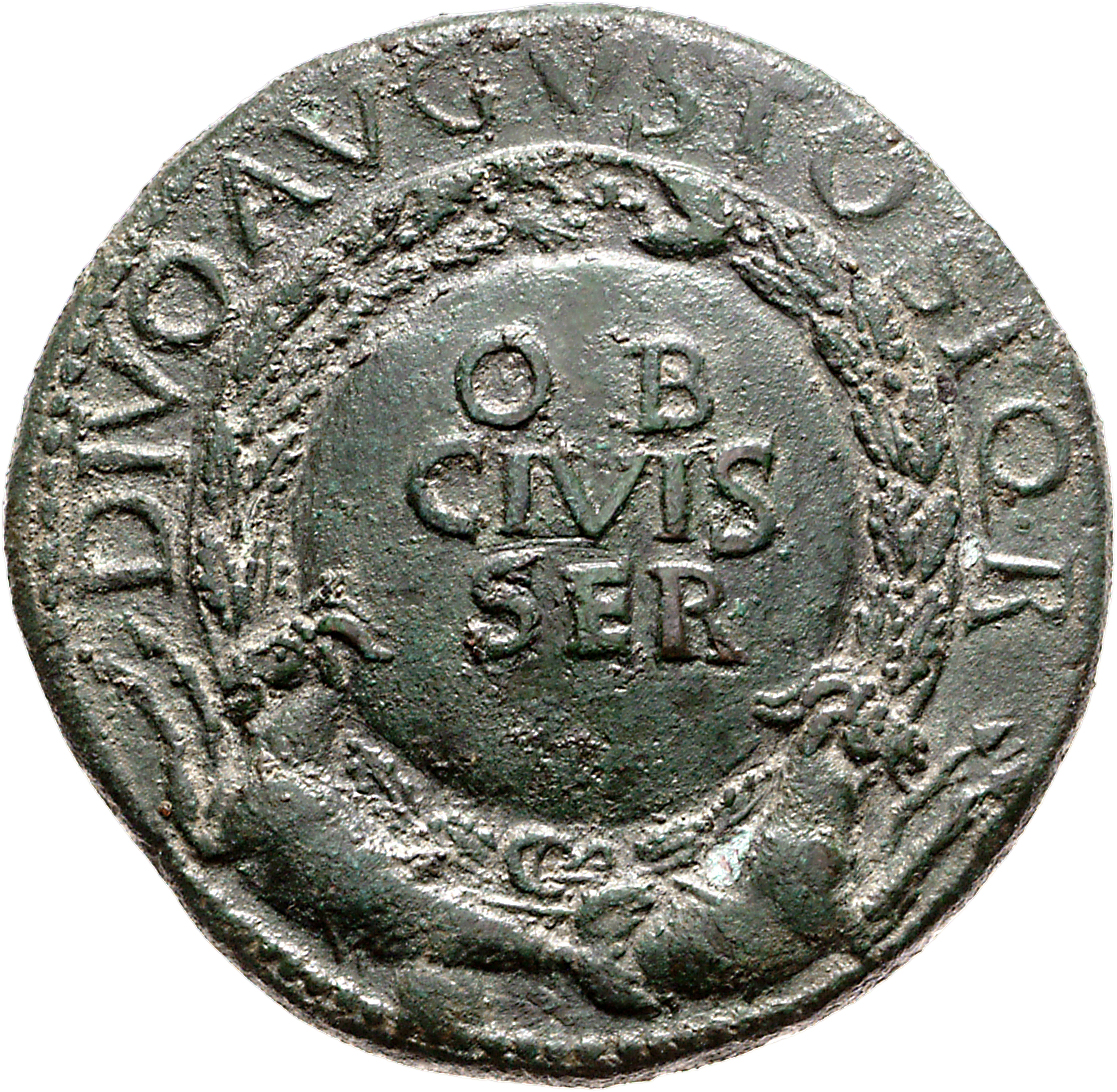RIC I (second edition) Tiberius 69 Tiberius obverse, Shield inscribed OB CIVES SER in three lines within oak-wreath suppor...