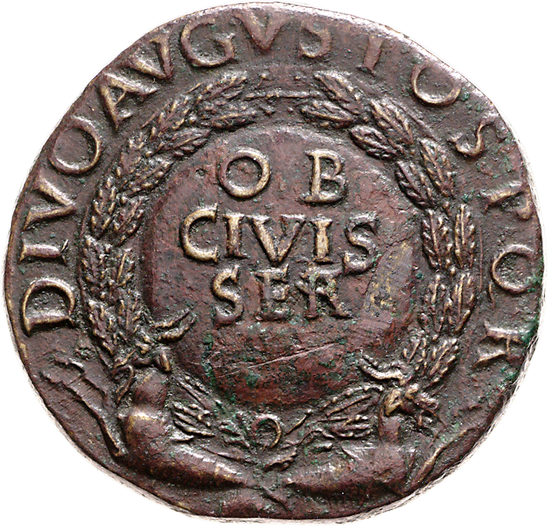 RIC I (second edition) Tiberius 69 Tiberius obverse — Shield inscribed OB CIVES SER in three lines within oak-wreath suppo...