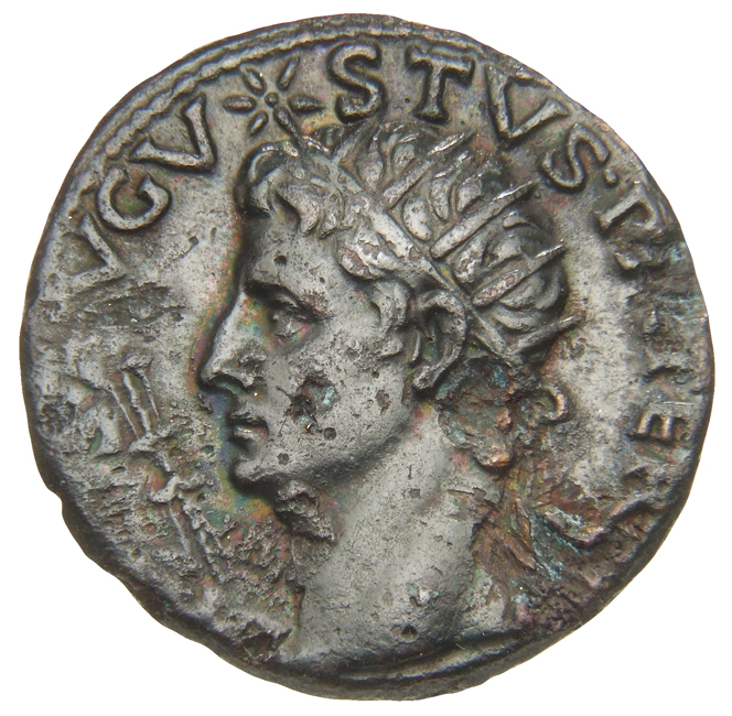RIC I (second edition) Tiberius 72 Tiberius obverse, Head of Augustus, radiate, left; above, star; in front, thunderbolt