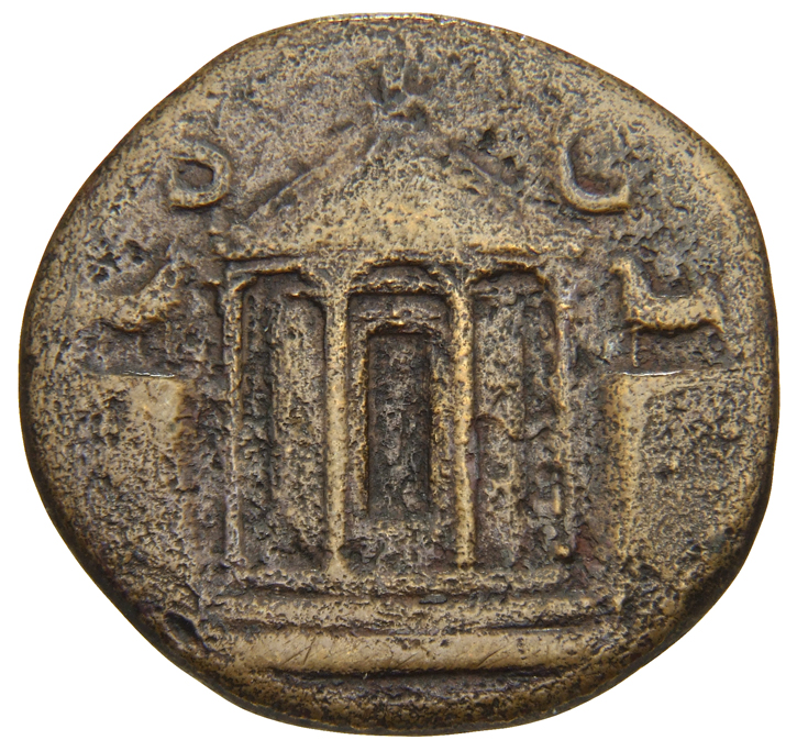 RIC I (second edition) Tiberius 74 Tiberius reverse, Front view of domed hexastyle temple, surmounted by figure and flanke...