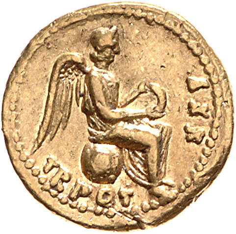 RIC I (second edition) Tiberius 9 Tiberius reverse, Victory, draped, seated, right on globe, holding wreath with both hand...