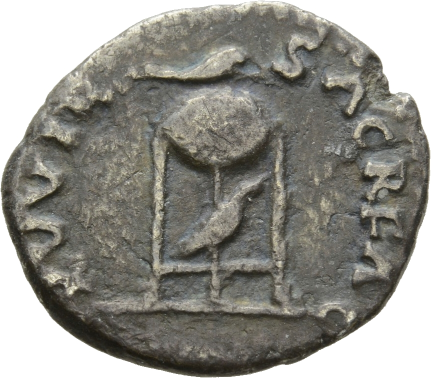 RIC I (second edition) Vitellius 109 Vitellius reverse, Tripod lebes on which lies a dolphin, beneath is a raven