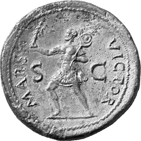 RIC I (second edition) Vitellius 115 Vitellius reverse, Mars, helmeted, in military dress, advancing left, holding Victory...