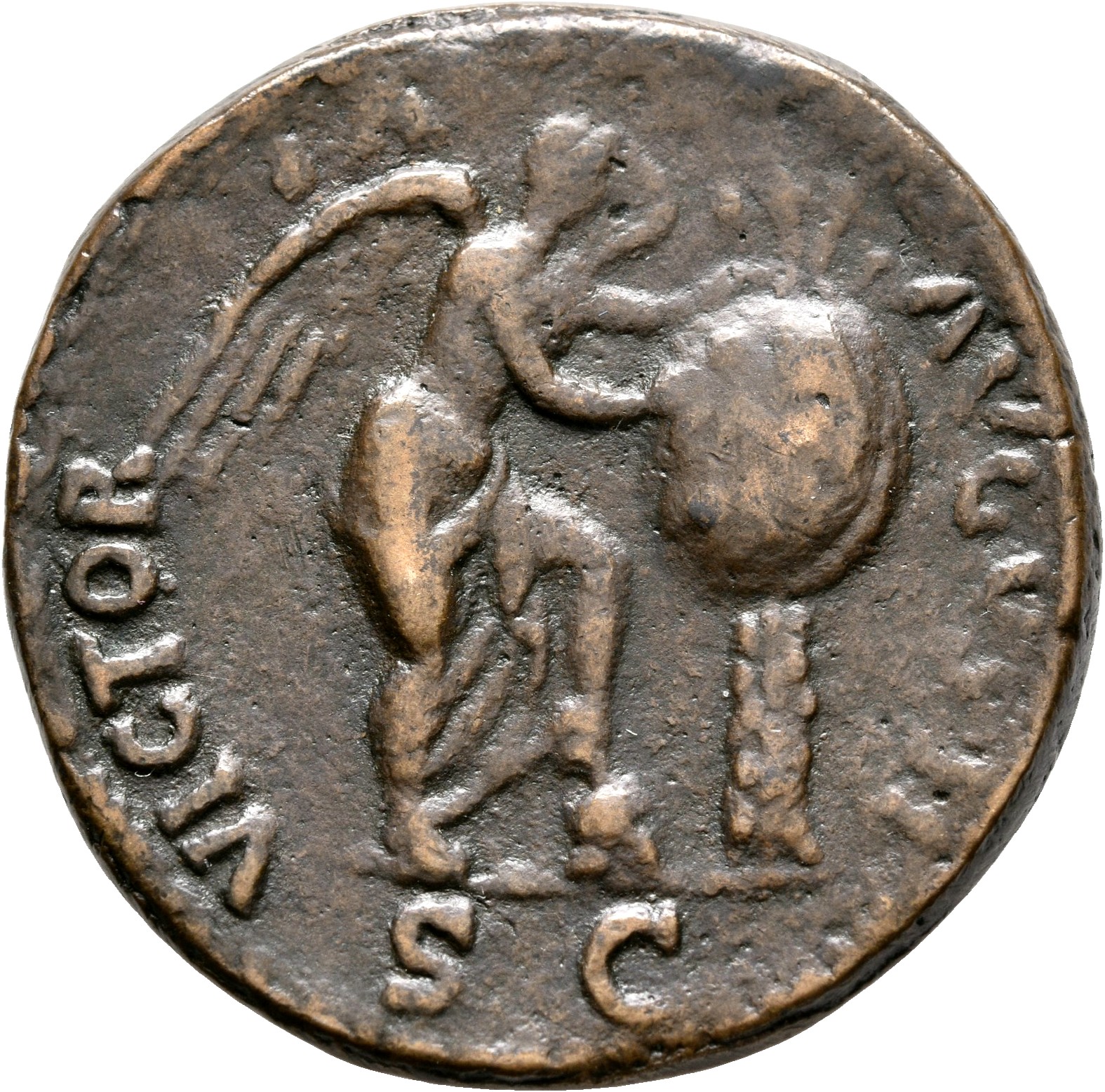 RIC I (second edition) Vitellius 123 Vitellius reverse, Victory, naked to waist, inscribing OB CIVES SER on shield on palm...
