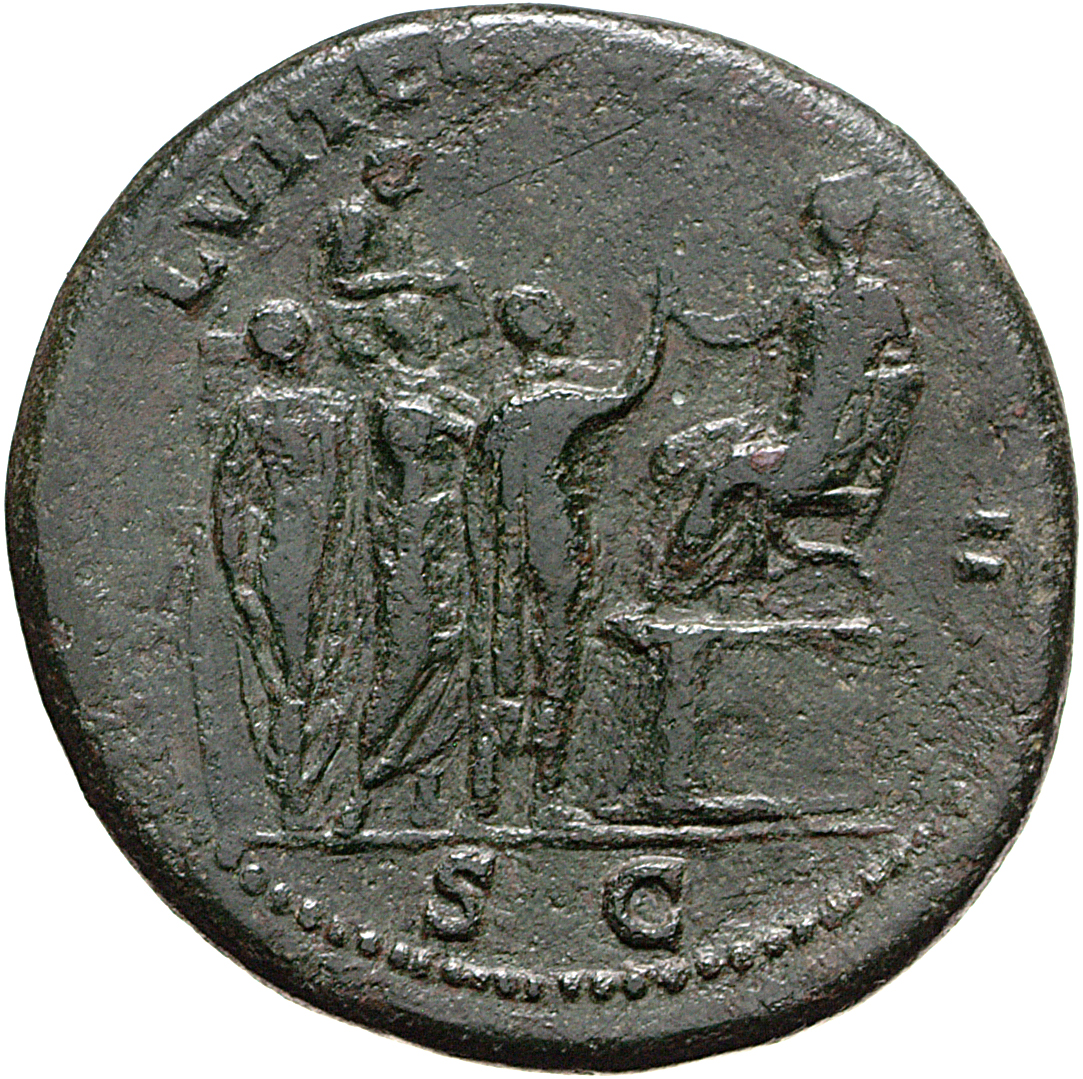 RIC I (second edition) Vitellius 134 Vitellius reverse, Lucius Vitellius, togate, seated left, right hand holding foremost...