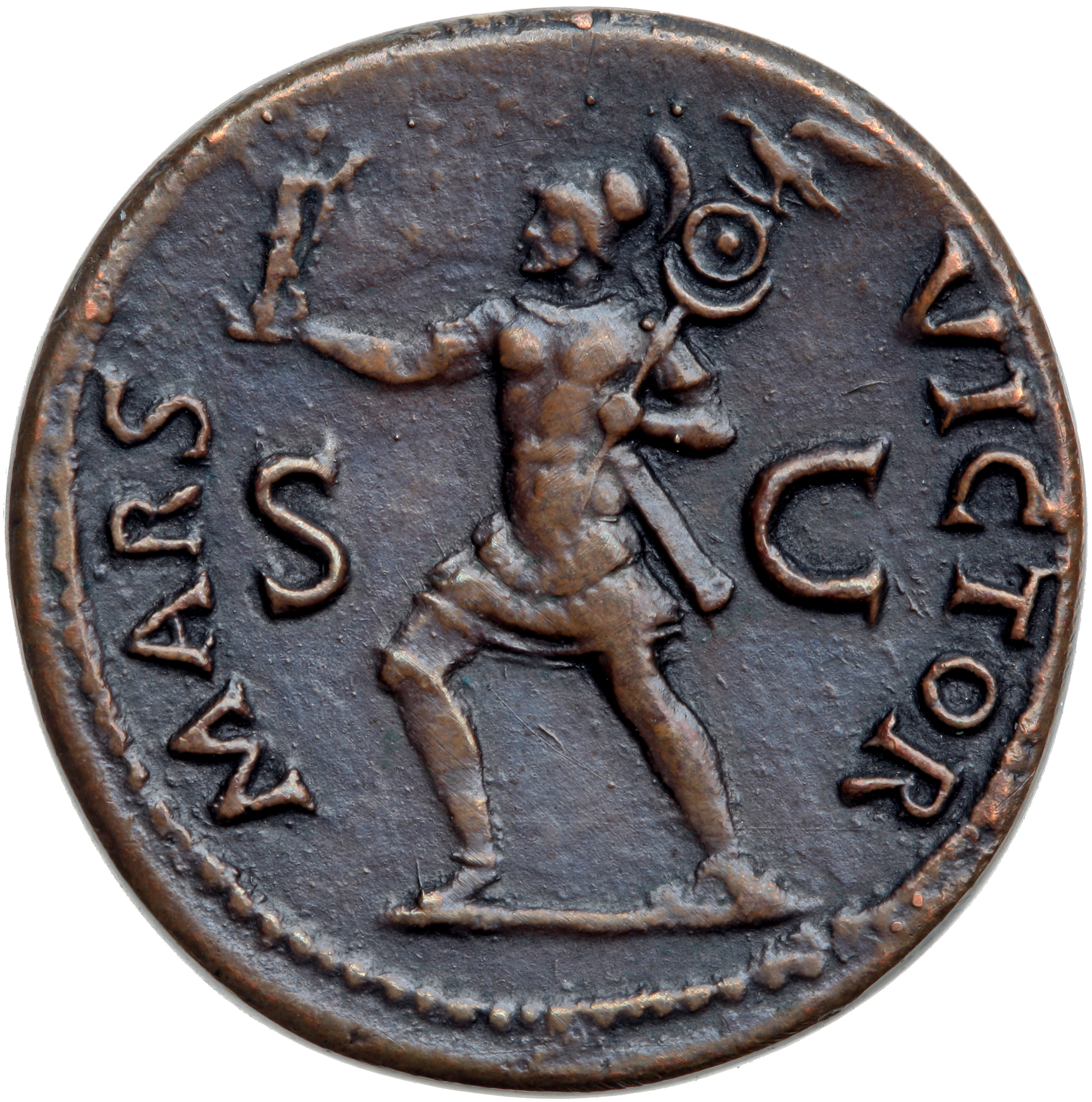 RIC I (second edition) Vitellius 136 Vitellius reverse — Mars, helmeted, in military dress, advancing left, holding Victor...