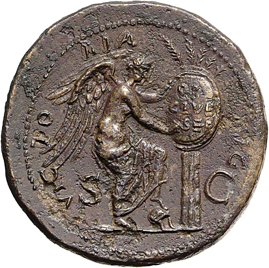 RIC I (second edition) Vitellius 142 Vitellius reverse, Victory, naked to waist, inscribing OB CIVES SER on shield on palm...