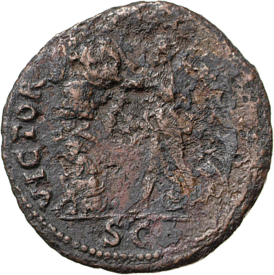 RIC I (second edition) Vitellius 151 Vitellius reverse — Victory, draped, advancing left, placing shield on trophy; captiv...