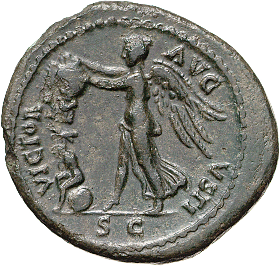 RIC I (second edition) Vitellius 165 Vitellius reverse, Victory, draped, advancing left, placing shield on trophy; captive...