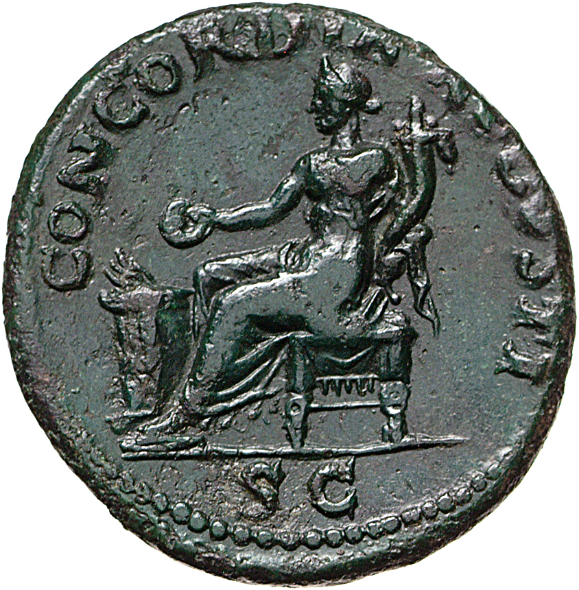 RIC I (second edition) Vitellius 171 Vitellius reverse, Concordia, draped, seated left, holding patera in right hand and c...