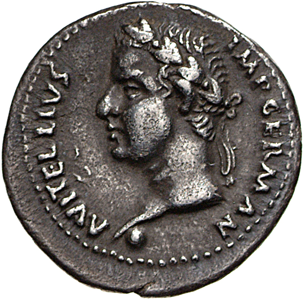 RIC I (second edition) Vitellius 36 Vitellius obverse — Head of Vitellius, laureate, left; globe at point of neck; palm in...