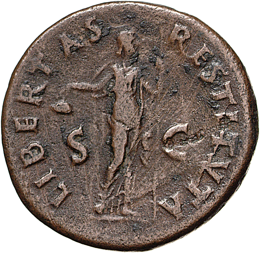 RIC I (second edition) Vitellius 43 Vitellius reverse — Libertas, draped, standing front, head right, holding pileus in ri...