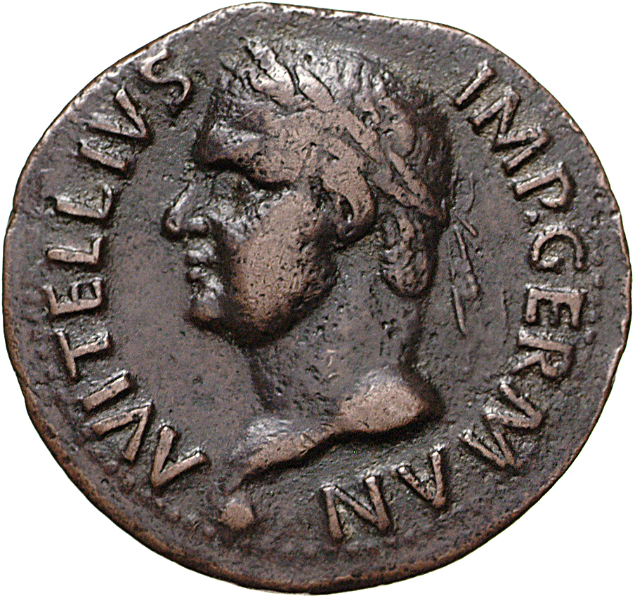 RIC I (second edition) Vitellius 46 Vitellius obverse, Head of Vitellius, laureate, left; globe at point of neck
