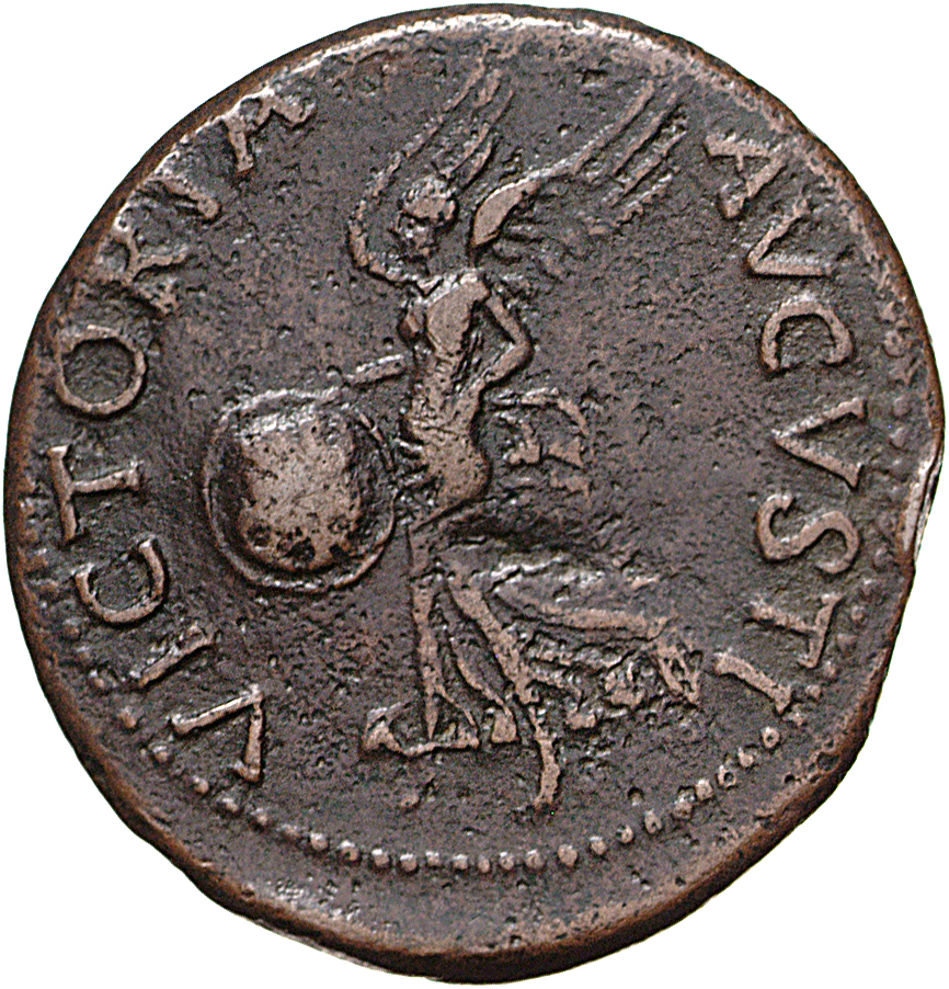 RIC I (second edition) Vitellius 46 Vitellius reverse — Victory, draped, advancing left, holding shield inscribed S P Q R ...