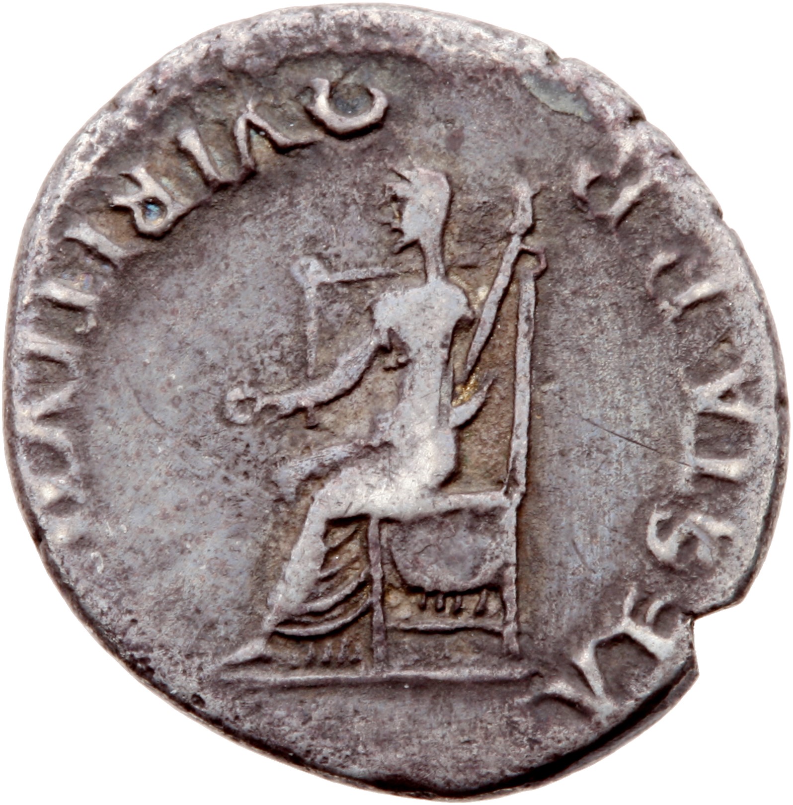 RIC I (second edition) Vitellius 59 Vitellius reverse — Vesta, veiled and draped, seated left on throne, holding patera in...