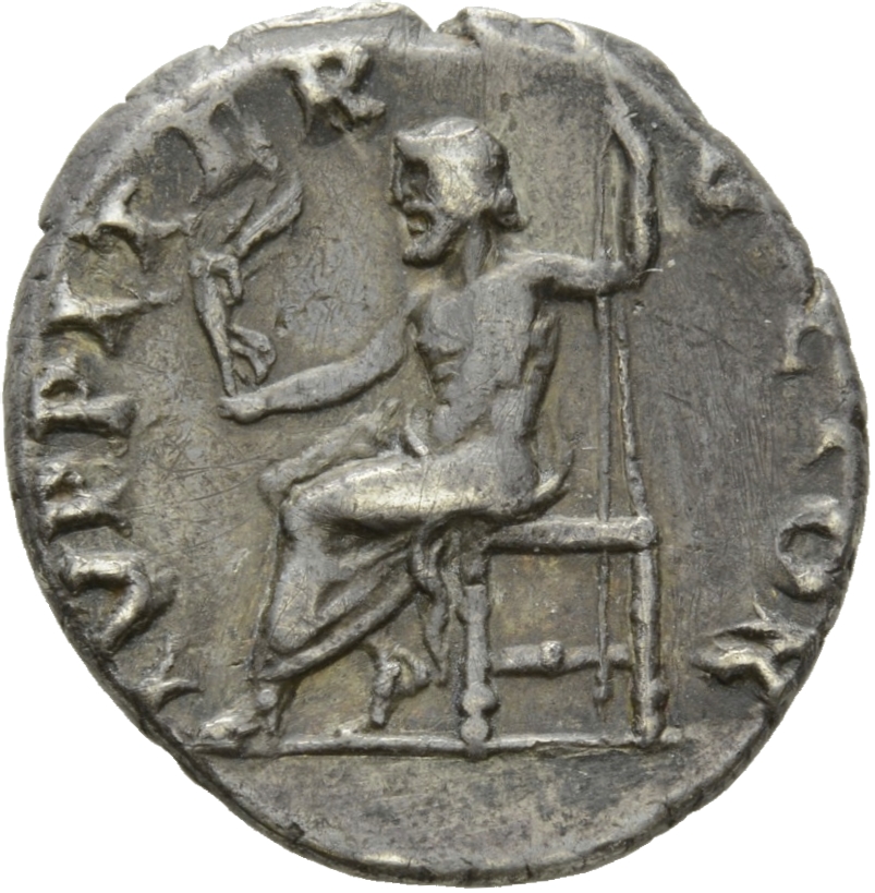 RIC I (second edition) Vitellius 68 Vitellius reverse, Jupiter, naked to waist, seated left, holding Victory in right and ...