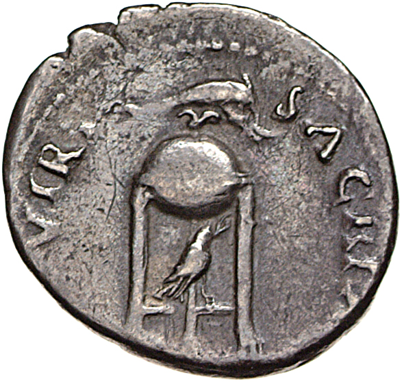 RIC I (second edition) Vitellius 70 Vitellius reverse, Tripod lebes on which lies a dolphin, beneath is a raven