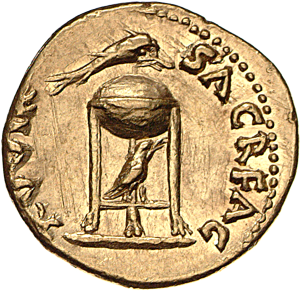 RIC I (second edition) Vitellius 85 Vitellius reverse, Tripod lebes on which lies a dolphin, beneath is a raven
