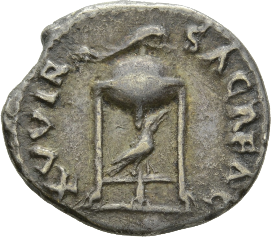 RIC I (second edition) Vitellius 86 Vitellius reverse, Tripod lebes on which lies a dolphin, beneath is a raven