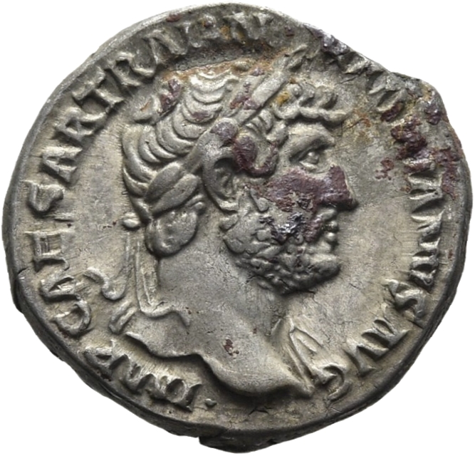RIC II Hadrian 100a Hadrian obverse — Kopf des Hadrianus mit Lorbeerkranz und Gewandspuren an der l. Schulter nach r.