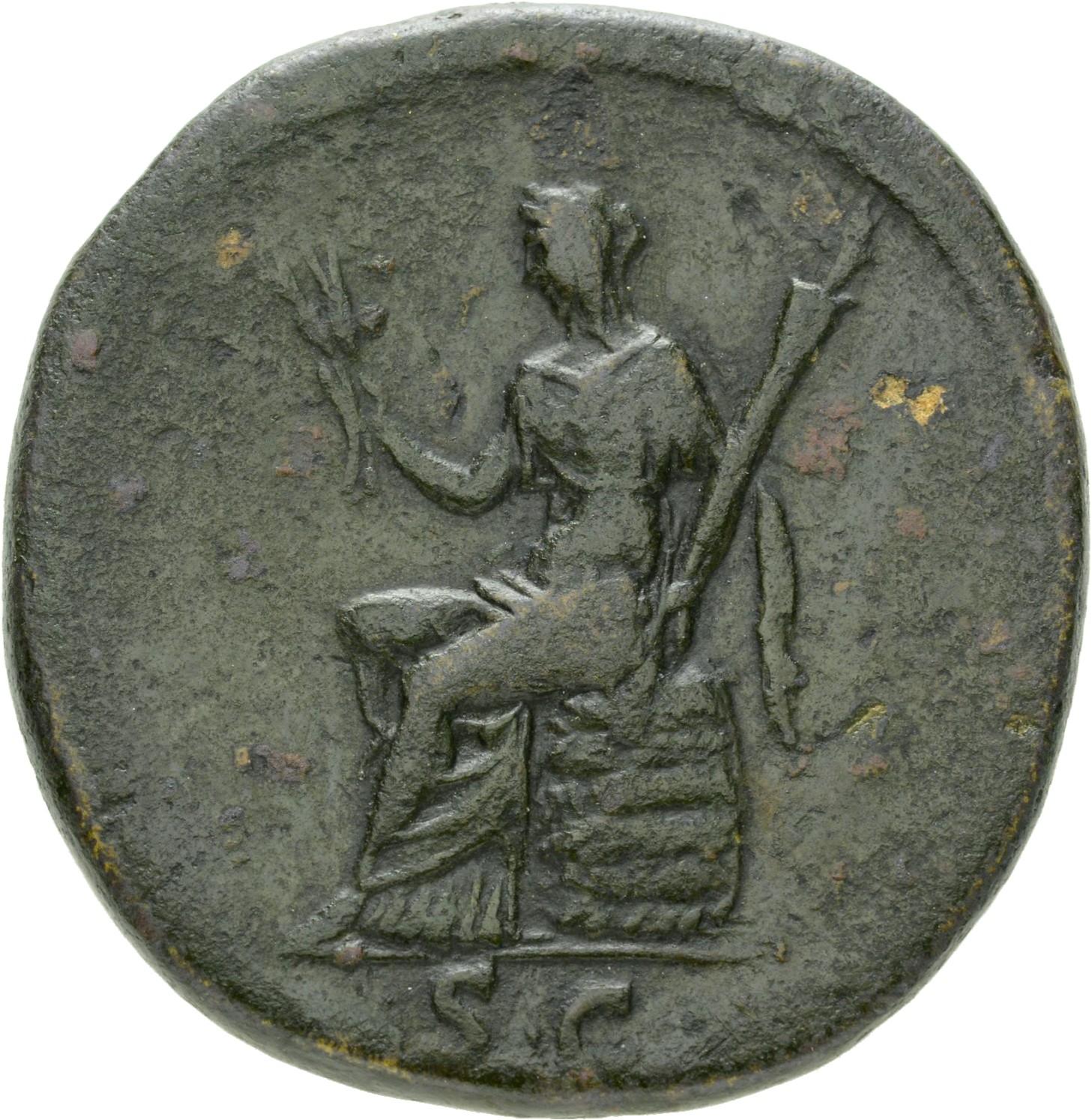 RIC II Hadrian 1019 Hadrian reverse, Ceres sitzt auf einem Korb nach l. und hält in ihrer r. Hand Kornähren und in ihrer l...