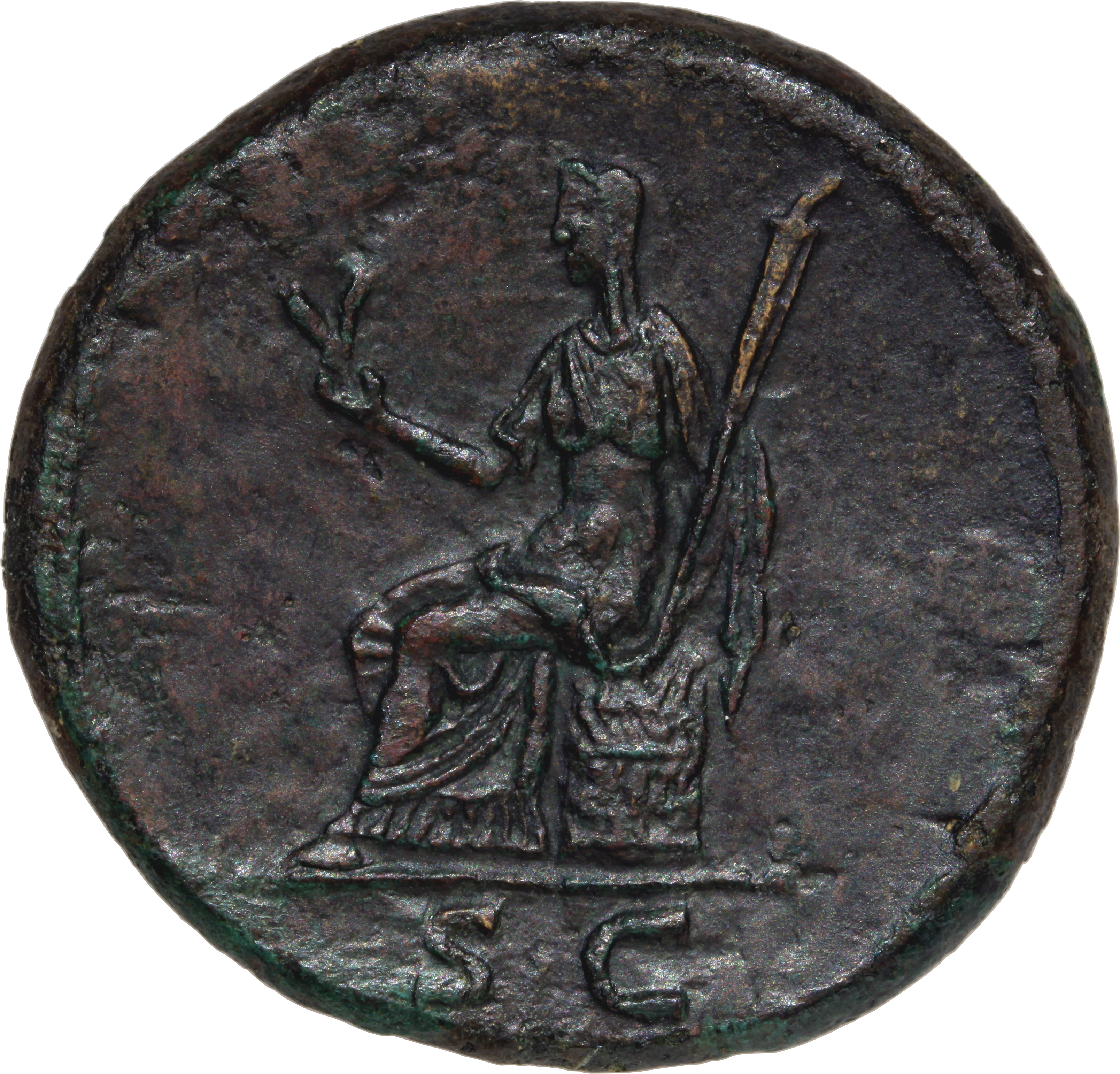 RIC II Hadrian 1023 (dupondius) Hadrian reverse — Ceres in langem Gewand auf einem Korb sitzend nach links, in ihrer Recht...