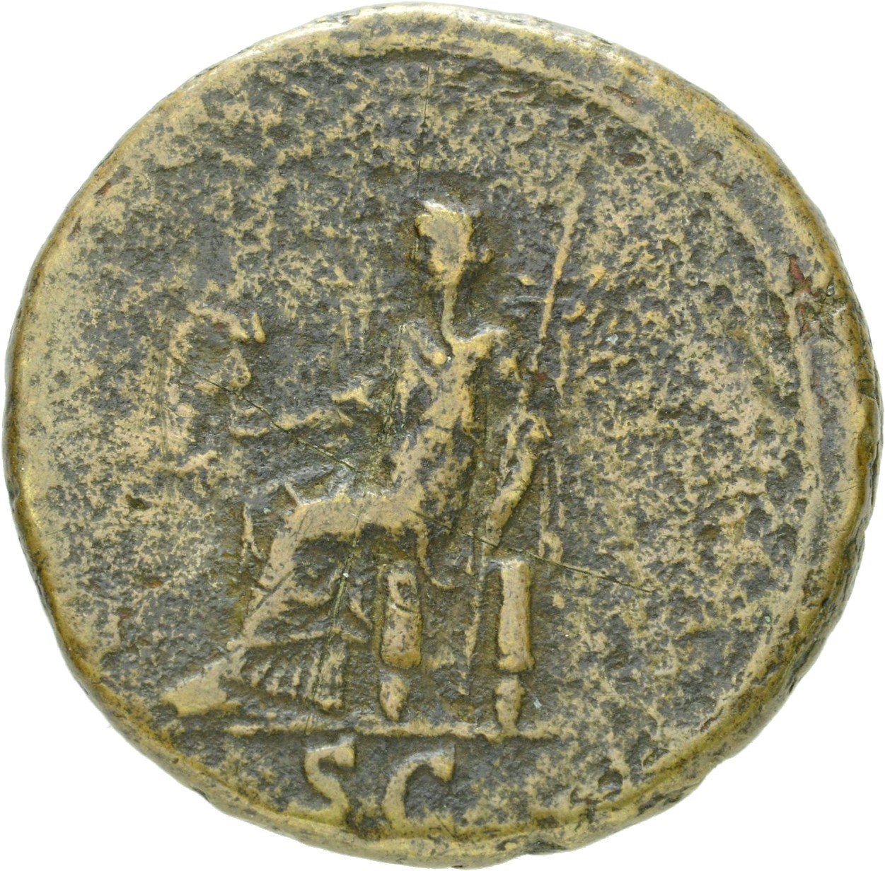 RIC II Hadrian 1024 (dupondius) Hadrian reverse, Vesta sitzt nach l. Sie hält in der r. Hand Minervastatuette (palladium) ...