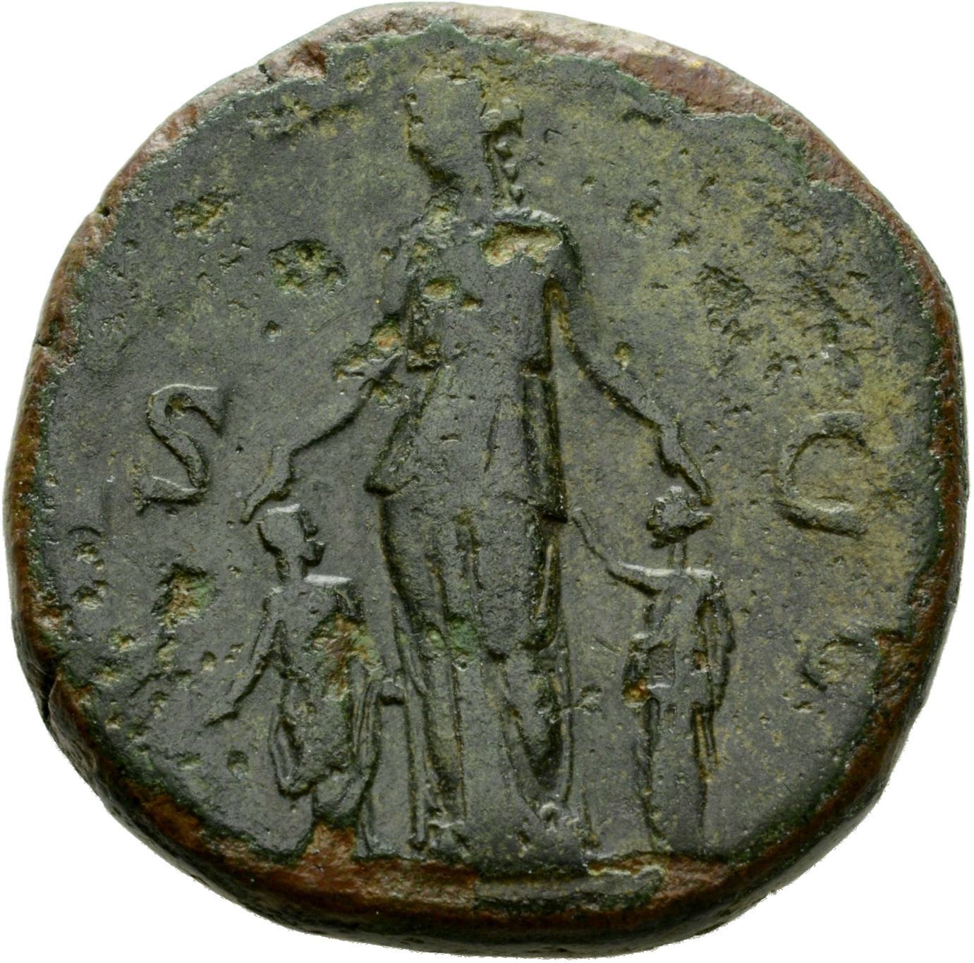 RIC II Hadrian 1030 Hadrian reverse, Pietas steht in der Vorderansicht, den Kopf nach l. Mit Ihrer l. und r. Hand berührt ...