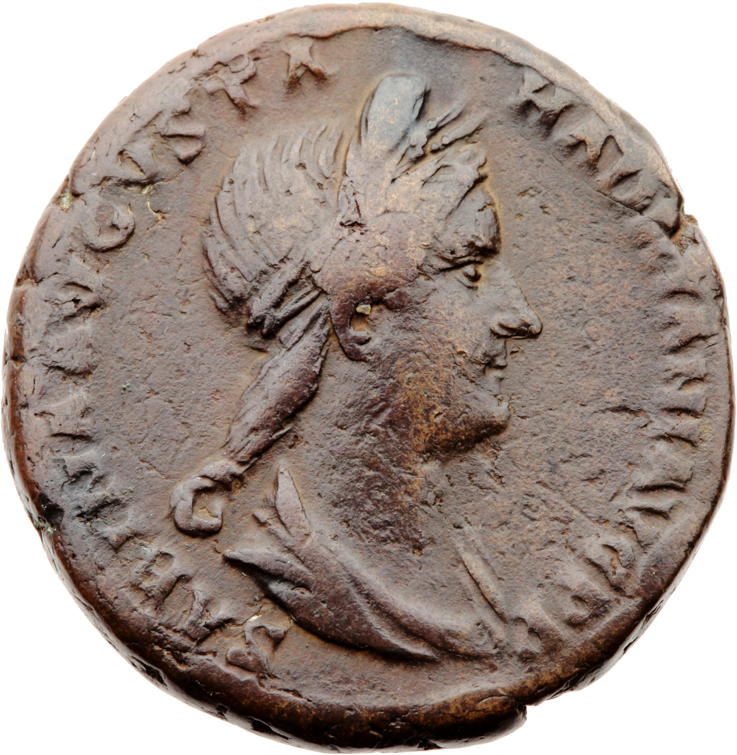 RIC II Hadrian 1038a (dupondius) Hadrian obverse, Drapierte Büste der Sabina mit Diadem nach r.
