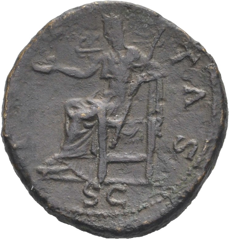RIC II Hadrian 1039 (as) Hadrian reverse, Pietas sitzt nach l. auf einem Thron. Sie hält eine Schale (patera) in ihrer r. ...