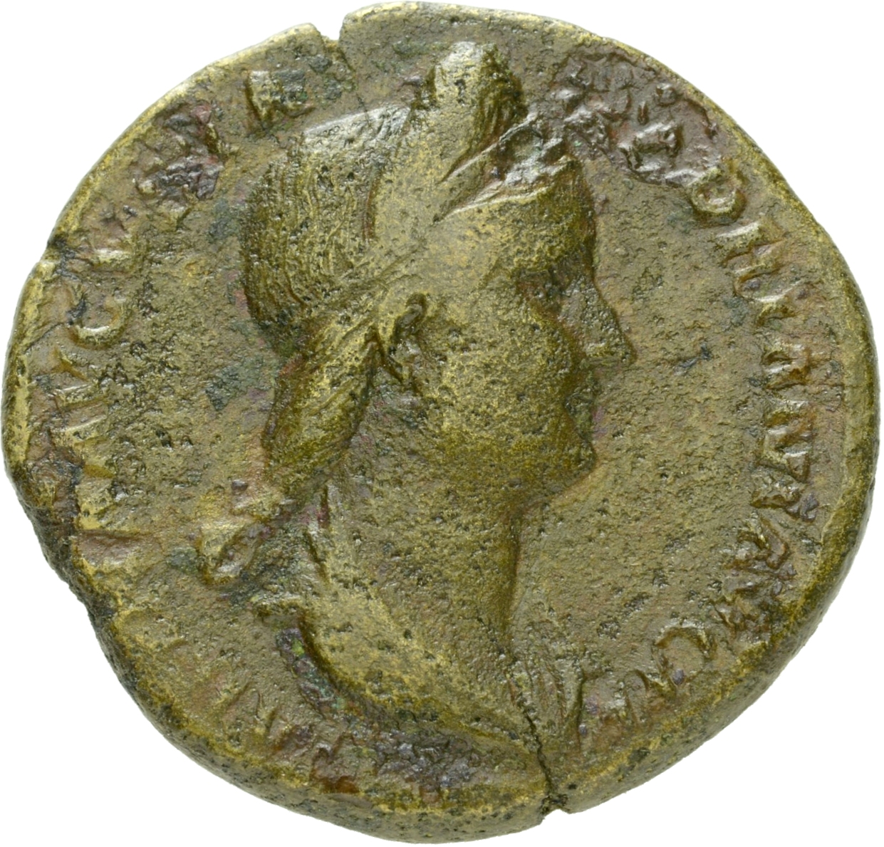 RIC II Hadrian 1039 (dupondius) Hadrian obverse, Drapierte Büste der Sabina nach r.