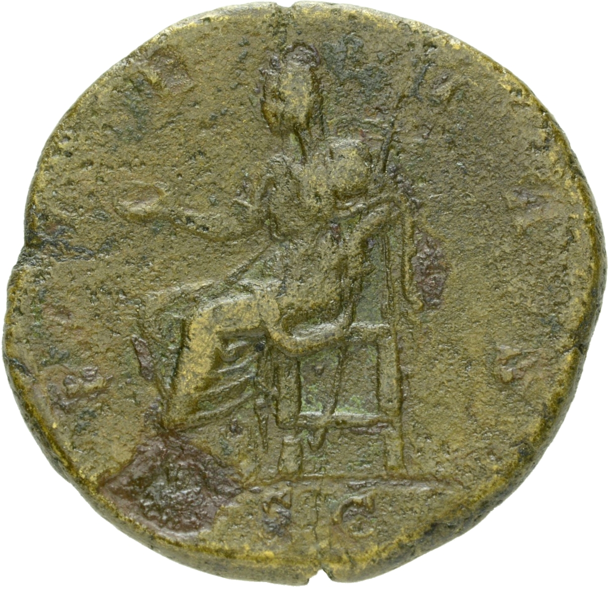 RIC II Hadrian 1039 (dupondius) Hadrian reverse, Pietas sitzt nach l. Sie hält in der r. Schale (patera) und im l. Arm Zep...