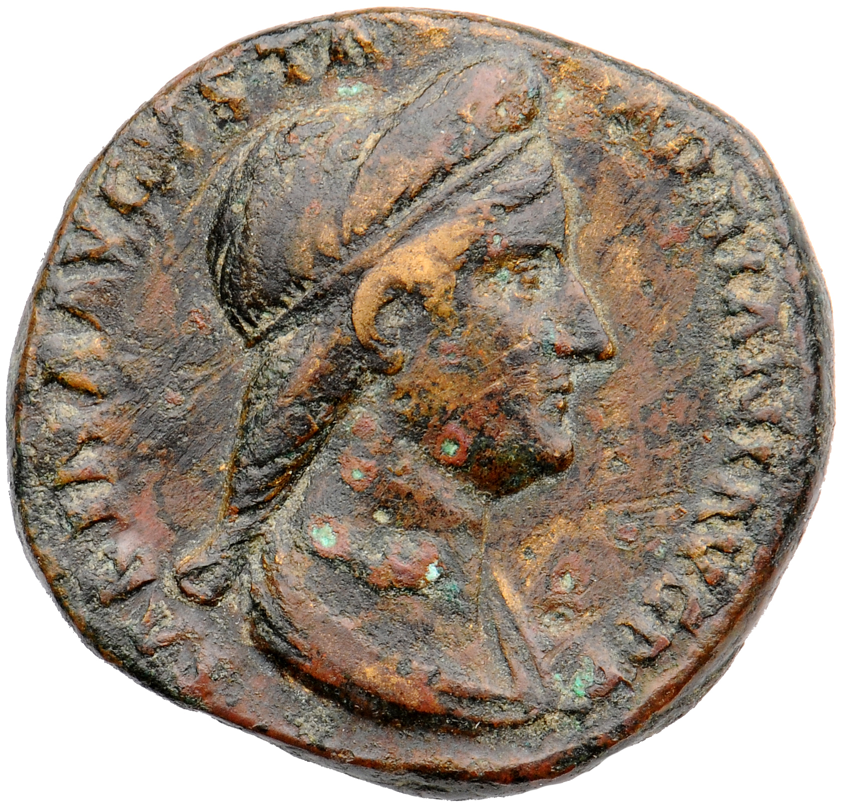 RIC II Hadrian 1040 (dupondius) Hadrian obverse, Gewandbüste der Sabina n. r. mit Binde und Stephané; die Haare im Nacken ...