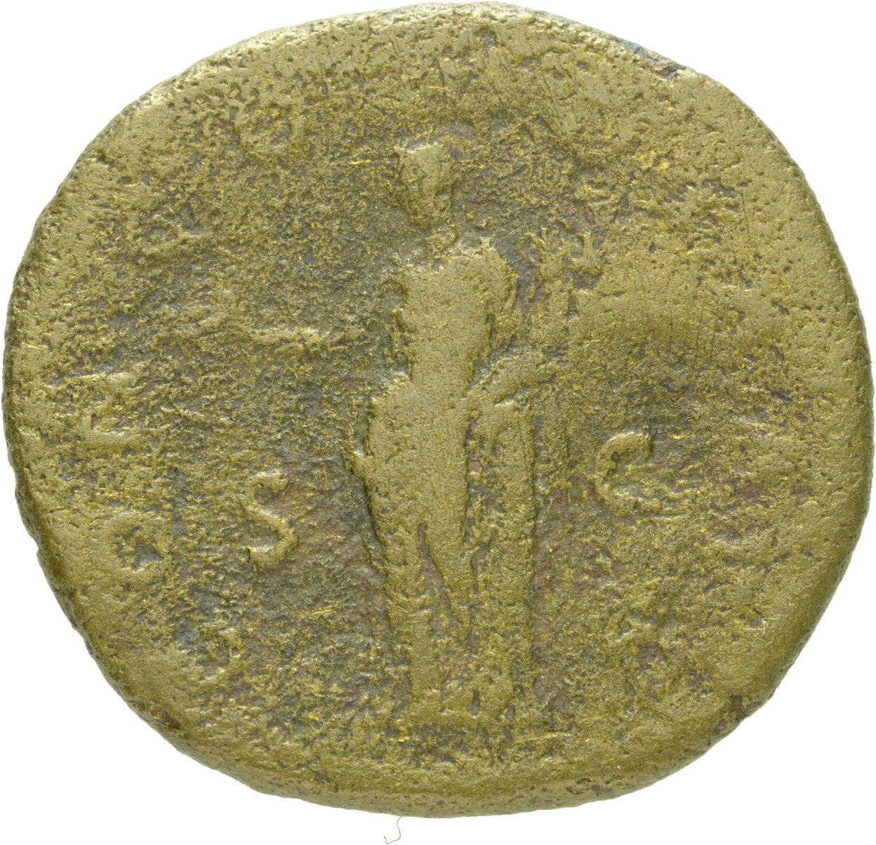 RIC II Hadrian 1047 (as) Hadrian reverse, Concordia steht in der Vorderansicht an eine Säule gelehnt, den Kopf nach l. Sie...