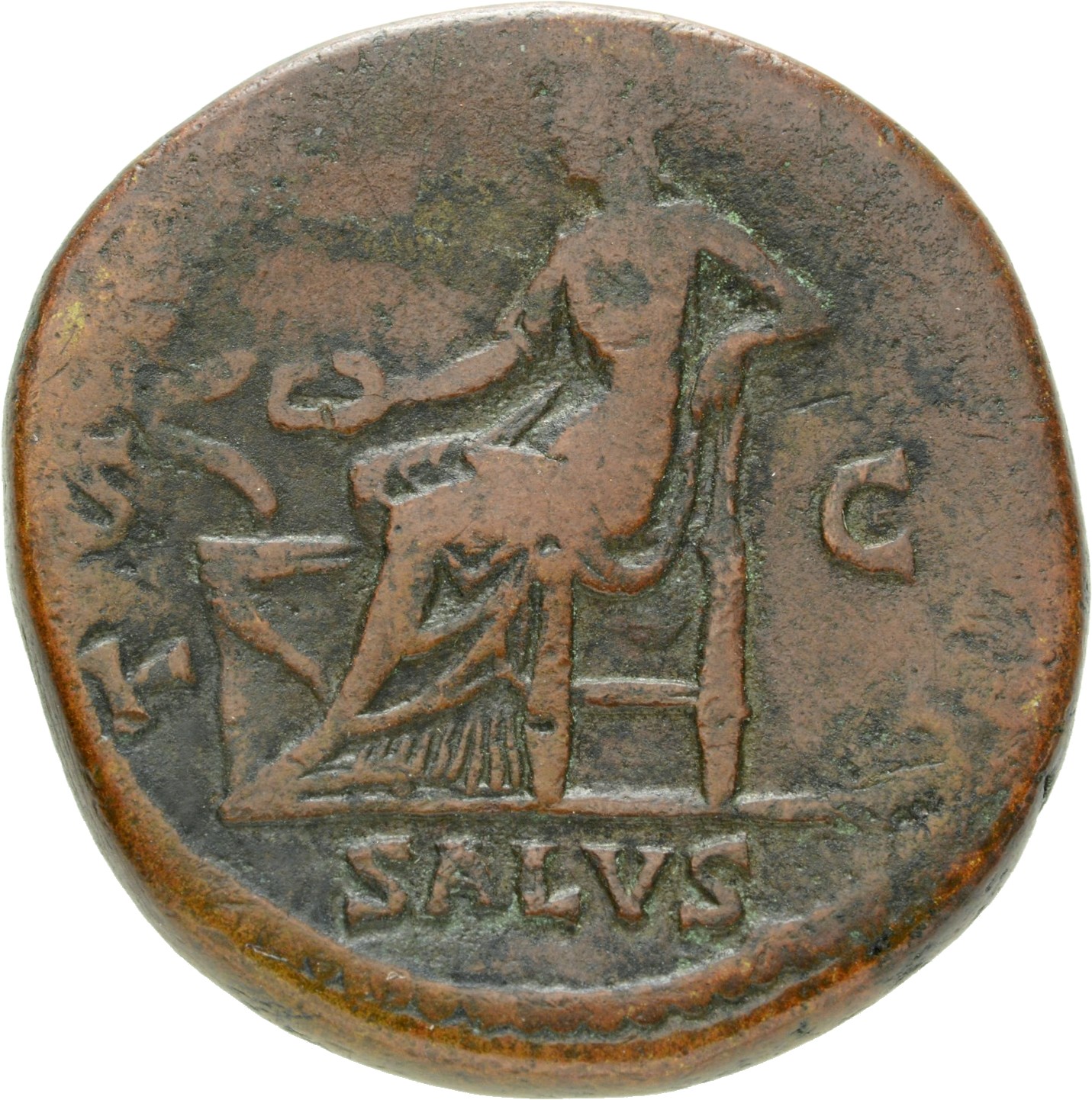RIC II Hadrian 1063a Hadrian reverse, Salus sitzt nach l. Mit der r. Hand hält sie eine Opferschale (patera) über einen Al...
