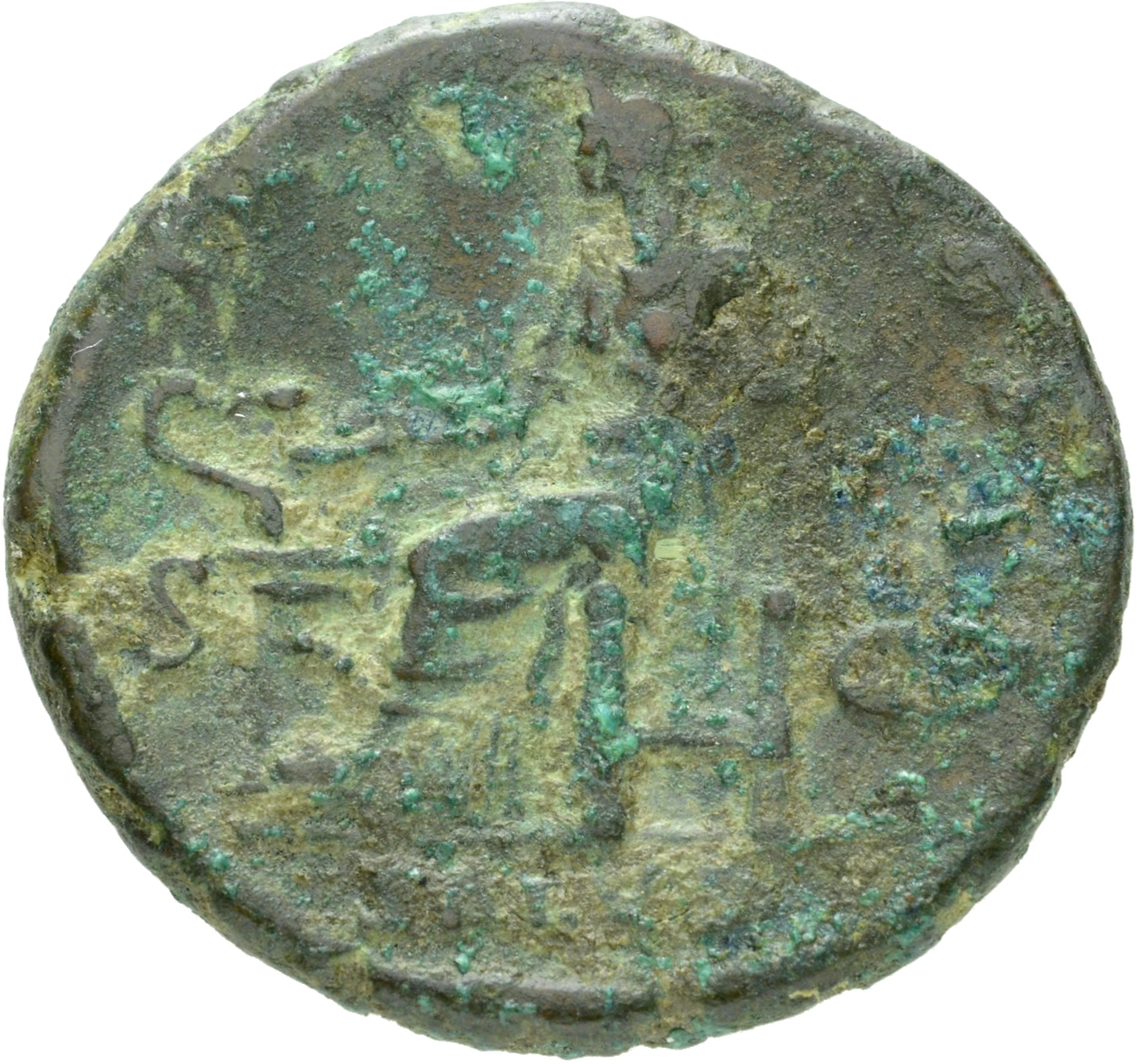 RIC II Hadrian 1075 (as) Hadrian reverse, Salus sitzt nach l. Mit der r. Hand hält sie eine Opderschale (patera) über eine...